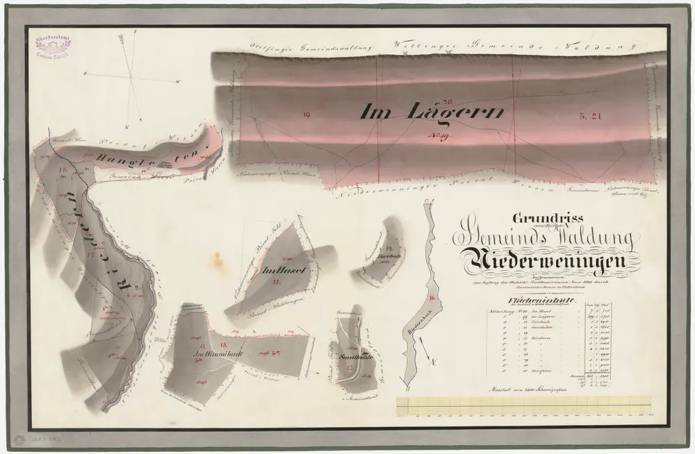 Niederweningen: Gemeindewaldung: Im Lägern, Rieden (Riedern), Hangleten, Himibuck (Himmibuck), Hasel, Sandhöli (Sandhöhle), Forenbuk (Forrbuk), Riedenbach (Riedernbach); Grundrisse