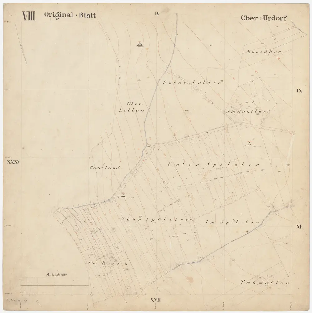 Oberurdorf: Gemeinde; Katasterpläne: Blatt VIII: Moosacher, Unterlätten, Oberlätten, Im Hanfland, Unterspitzler, Oberspitzler, Im Spitzler, Im Rain und Tannmatt; Situationsplan