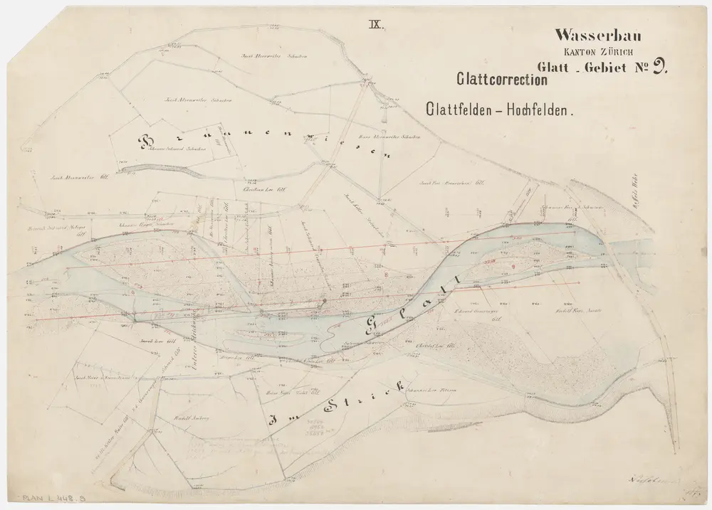 Bülach, Hochfelden, Glattfelden: Hochfelden bis zur Einmündung in den Rhein, Glattkorrektion; Grundrisse (Glatt-Gebiet Nr. 9): Blatt IX: Brunnenwiesen in Glattfelden, Glattkorrektion; Grundriss (Glatt-Gebiet Nr. 9)