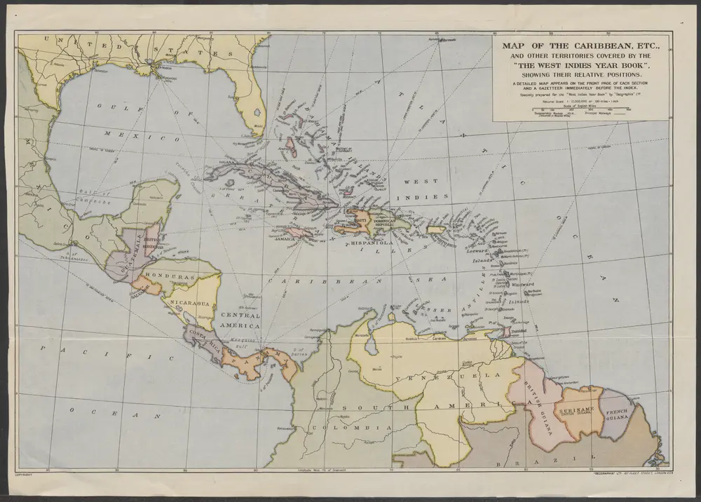 Map of the Caribbean, etc., and other territories covered by the "The West Indies Year Book", showing their relative positions.