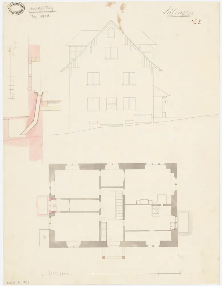 Lufingen: Pfarrhaus, neuer Abort; Ostansicht, Grundriss des Erdgeschosses und Querschnitt des Aborts (Nr. 8)