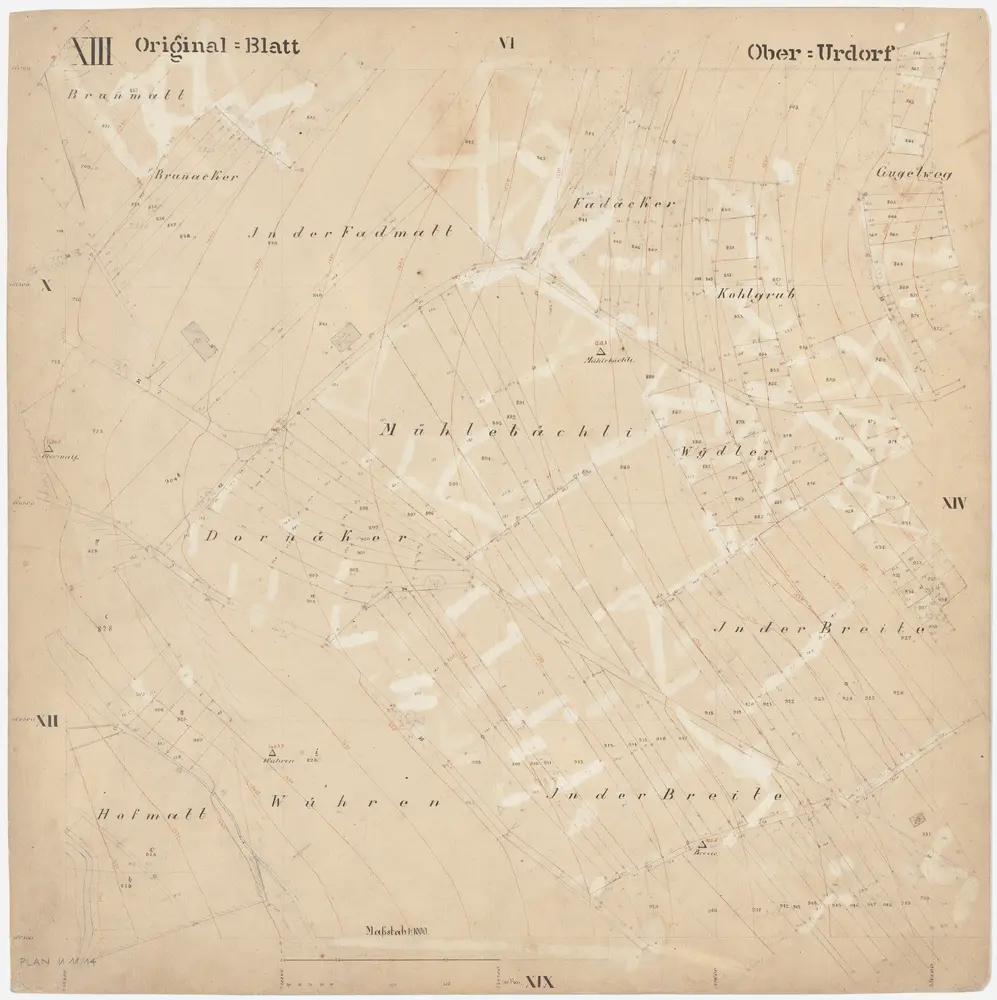 Oberurdorf: Gemeinde; Katasterpläne: Blatt XIII: Brunnmatt, Brunnacker, In der Fadmatt, Fadächer (Fadacker), Gugelweg, Kohlgrub, Mühlebächli, Wydler, Dornächer, In der Breite, Hofmatt und Wühren; Situationsplan