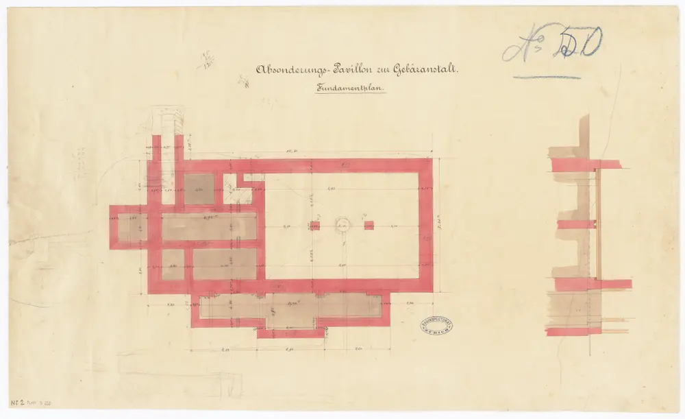 Gebäranstalt, Absonderungspavillon: Fundament; Grundriss