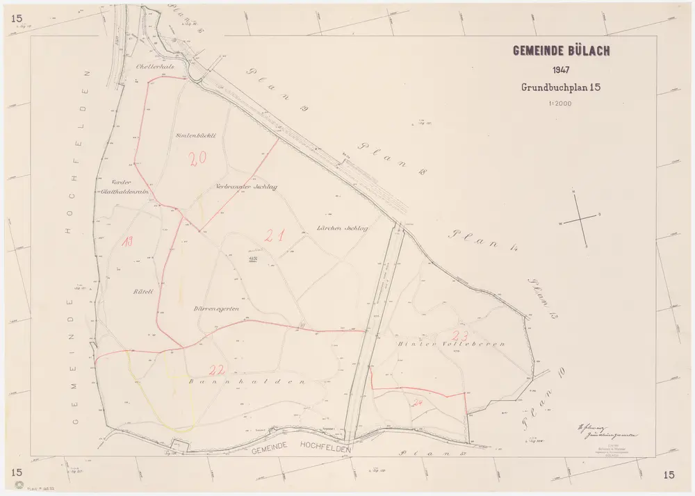 Bülach, Bachenbülach, Hochfelden: Gemeindewaldungen Bülach und Bachenbülach: Bülach: Rüteli, Vorder Glatthaldenrain, Chellerhals, Simelenbückli (Simlenbückli), Verbrännter Ischlag, Lärchenischlag, Dürrenägerten, Bannhalden, Hinter Volleberen; Grundriss