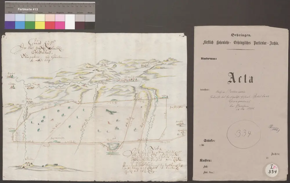 HZAN GA 100_Nr. 334_ : Pfedelbach [Gleichener Forst]; "Grundriß ... des herrschaftlichen Tiergartens bei Gleichen";ohne Verfasser;ohne Maßstab [5 cm = 1 km];41,5 x 33,5 cm; Norden links;Kartenrand: Strohberg; Frohnfalls und Gleichen - Baierbach;Papier; Wasserfarben; Idealperspektive.