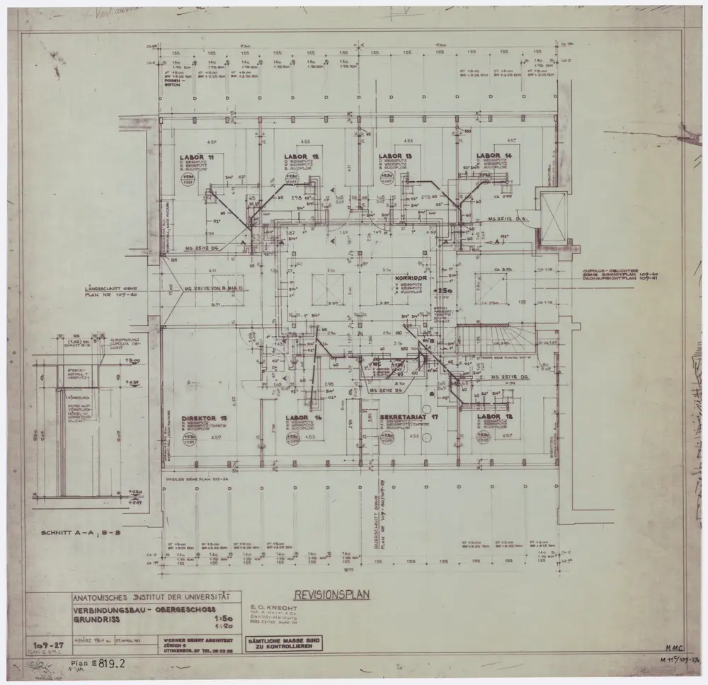 Zürich: Universität, Anatomie, Verbindungsbau, Obergeschoss; Grundriss und Schnitt: Revisionsplan