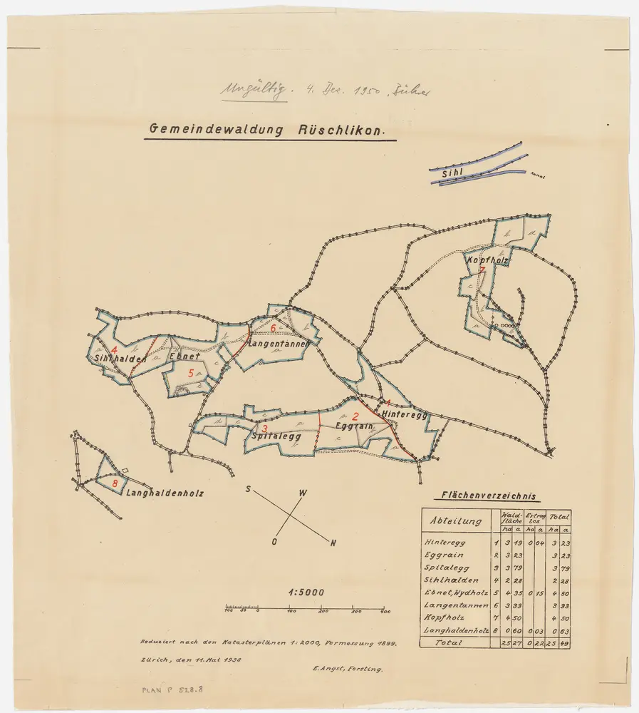 Rüschlikon: Gemeindewaldung, Kantonsspitalwaldung, Waldung der Stadt Zürich: Gemeindewaldungen Hinteregg, Eggrain, Spittelegg (Spitalegg), Sihlhalden, Ebnet, Wydholz, Langentannen, Chopfholz (Kopfholz), Langhaldenholz; Grundrisse