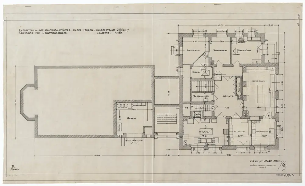 Laboratorium des Kantonschemikers, Fehrenstrasse 15: Grundrisse und Längsschnitt: 1. Untergeschoss; Grundriss