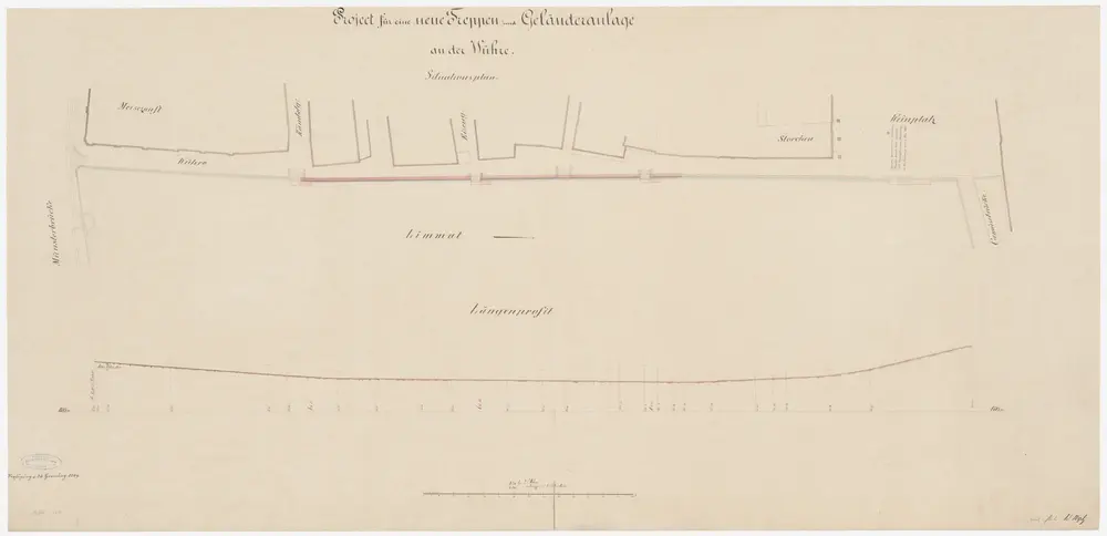 Zürich: Wühre, projektierte neue Treppe und Geländeranlage; Situationsplan und Längsprofil (Zürichsee-Abfluss Nr. 78)