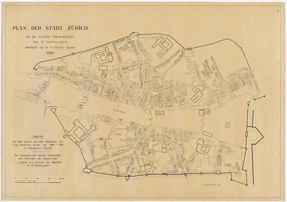 Plan der Stadt Zürich um ca. 1470: Plan mit definitiver Beschriftung (ohne Namen und Grenzen der Wachten)