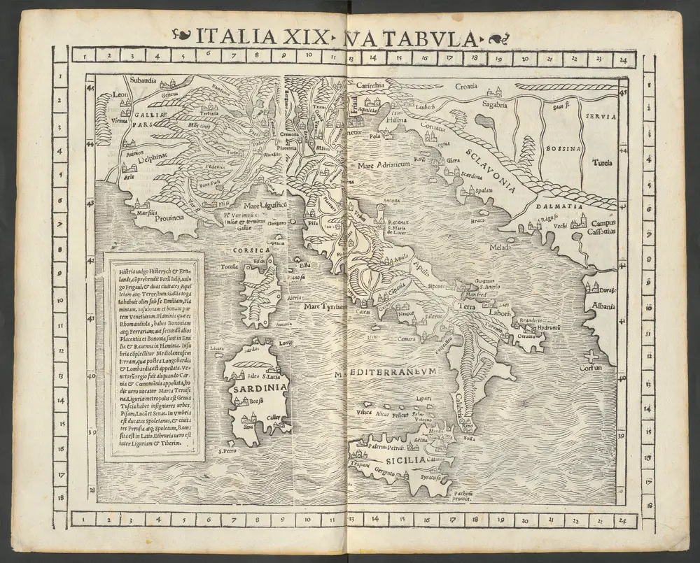 Italia XIX. Nova Tabula. [Karte], in: Claud. Ptolemaeus. Geographia lat. cum mappis [...], S. 419.