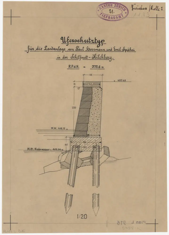 Kilchberg: Schilfmatt, Uferschutztyp für die Landanlage von Paul Herrmann und Emil Spähni; Querschnitt