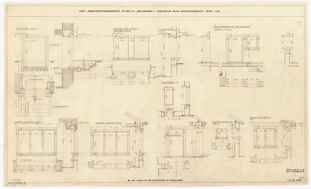 Uitikon: Arbeitserziehungsanstalt, Schlossanbau: Kunststeinarbeiten, Versetzplan; Ansichten und Schnitte