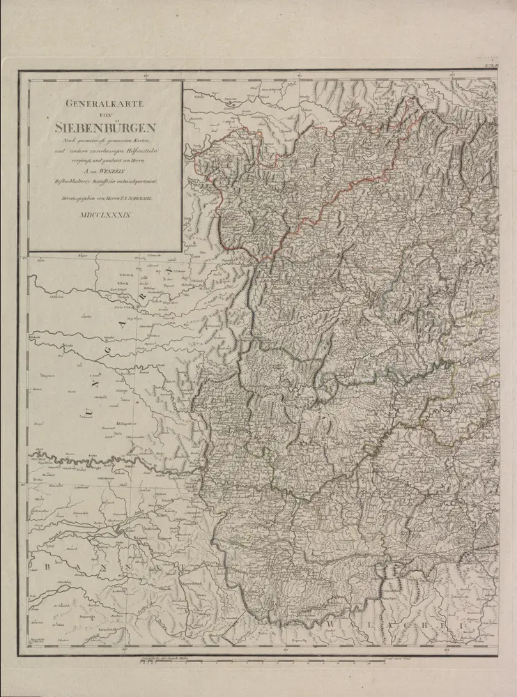 Generalkarte Von Siebenbürgen. Nach geometrisch gemessenen Karten und andern zuverlaessigen Hilfsmitteln verjüngt, und graduirt von Herrn A. von Wenzely. Herausgegeben von Herrn F. A. Schraembl