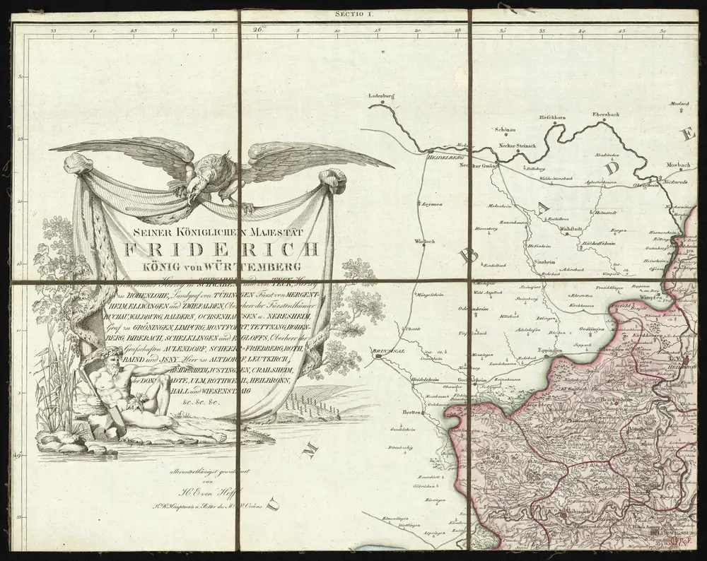 HStAS N 100_Nr. 352_ : "Charte von Königreich Württemberg nach der Gränz-Berichtigung von 1810 und mit Benutzung der neuesten u. zuverlässigsten Hülfsmitteln auf 6 Blättern entworfen und gezeichnet von H. E. von Hoff, Königl. Würtembergischen Hauptmann, Augsburg bey Johannes Walch 1812"