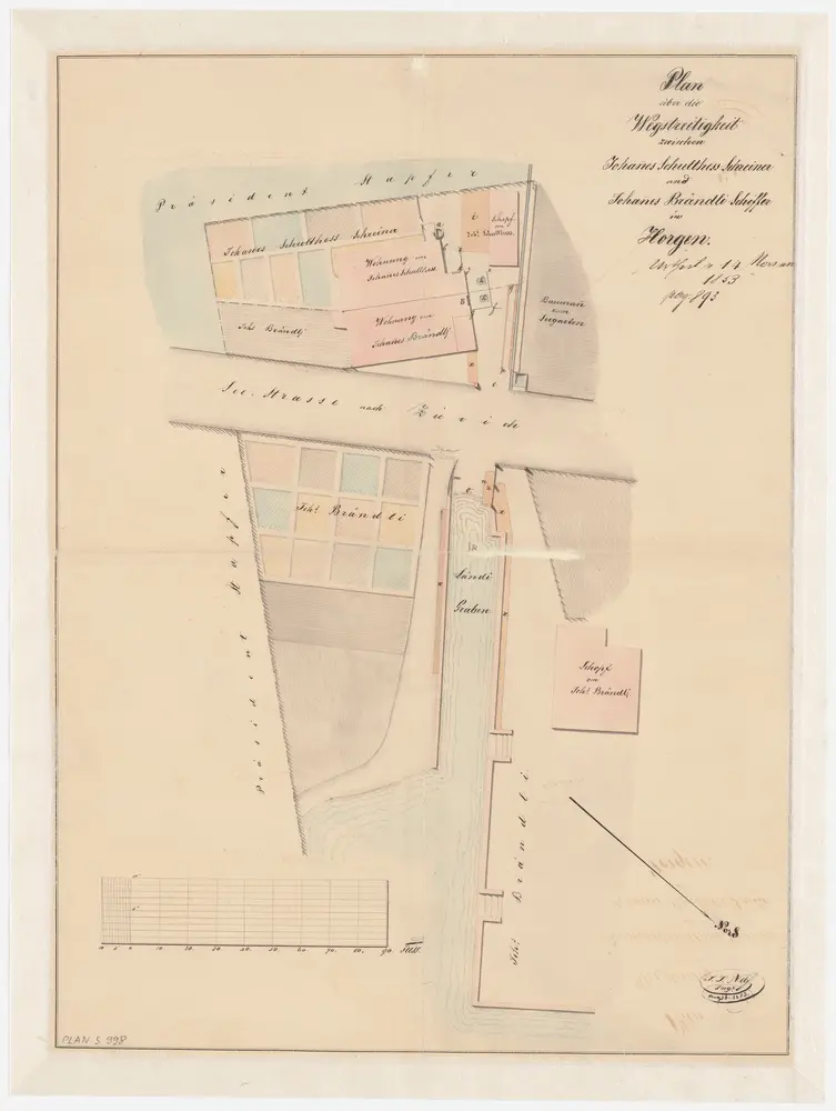 Horgen: Wegstreitigkeit zwischen Johannes Schulthess, Schreiner, und Johannes Brändli, Schiffer, in der Nähe der Seestrasse; Situationsplan