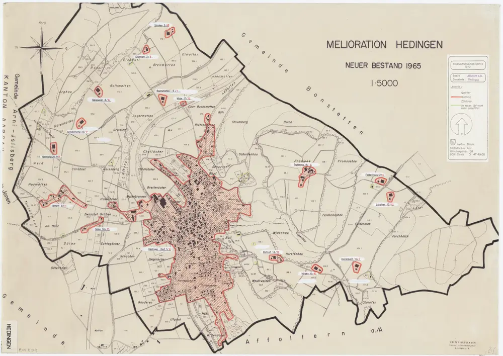 Hedingen: Definition der Siedlungen für die eidgenössische Volkszählung am 01.12.1970; Siedlungskarte