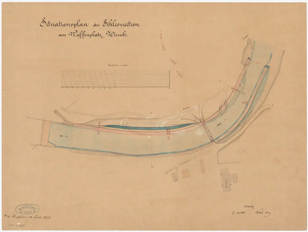 Wiedikon, Wollishofen, Enge: Unterhalb des unteren Wehrs der Papierfabrik, Sihlkorrektion; Situationsplan
