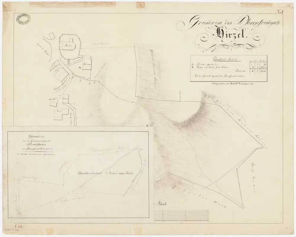 Hirzel: Pfrundgüter Pfarrhausgarten, Wiesen und Weide sowie Enderholz; Grundrisse (Nr. 1)