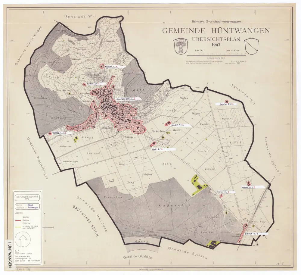 Hüntwangen: Definition der Siedlungen für die eidgenössische Volkszählung am 01.12.1970; Siedlungskarte