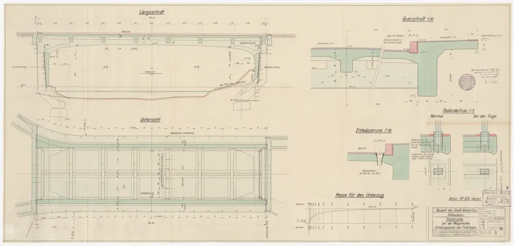 Winterthur: Brücke über die Töss bei der Wespimühle, Schalungsplan der Fahrbahn; Untersicht und Schnitte