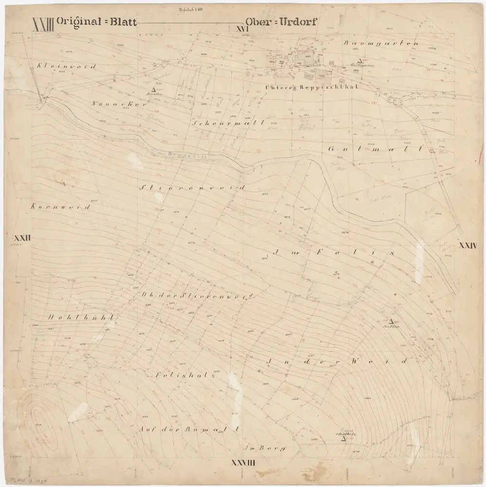 Oberurdorf: Gemeinde; Katasterpläne: Blatt XXIII: Chliweidli (Kleinweid), Baumgarten, Neuacker, Unter Reppischtal, Neuacker, Schürmatt (Scheurmatt), Guetmatt, Stierenweid, Kornweid, Im Felix, Ob der Stierenweid, Hohbüel (Hohlbühl), Felixholz, In der Weid, Auf der Buematt (Bumatt), Im Berg; Situationsplan