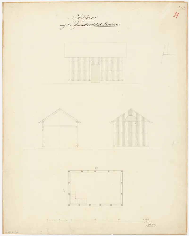 Lindau: Holzschuppen; Grundriss und Ansichten (Nr. 21)