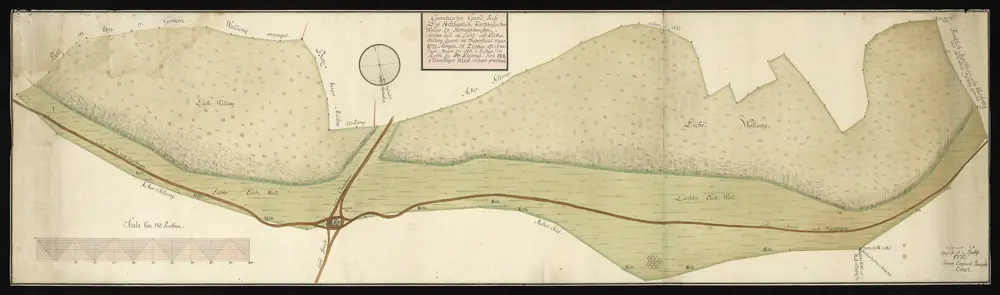 HZAN GA 100_Nr. 120_ : Hermuthausen (Kr. Künzelsau); "Geometrischer Grundriß des ... Kirchberger Waldes zu Hermutshausen";Johann Leonhard Joseph Ernst;110 Ruten = 31 cm;141,5 x 39,5 cm; Norden unten;Papier; Wasserfarben; Feldstücke herausgehoben; Landstraße [Hohestraße] mit den Marksteinen besonders bezeichnet.