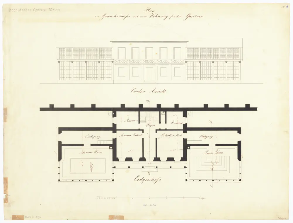 Botanischer Garten, Gewächshaus mit Gärtnerwohnung: Ansicht und Grundriss (Erdgeschoss) (Nr. 1)