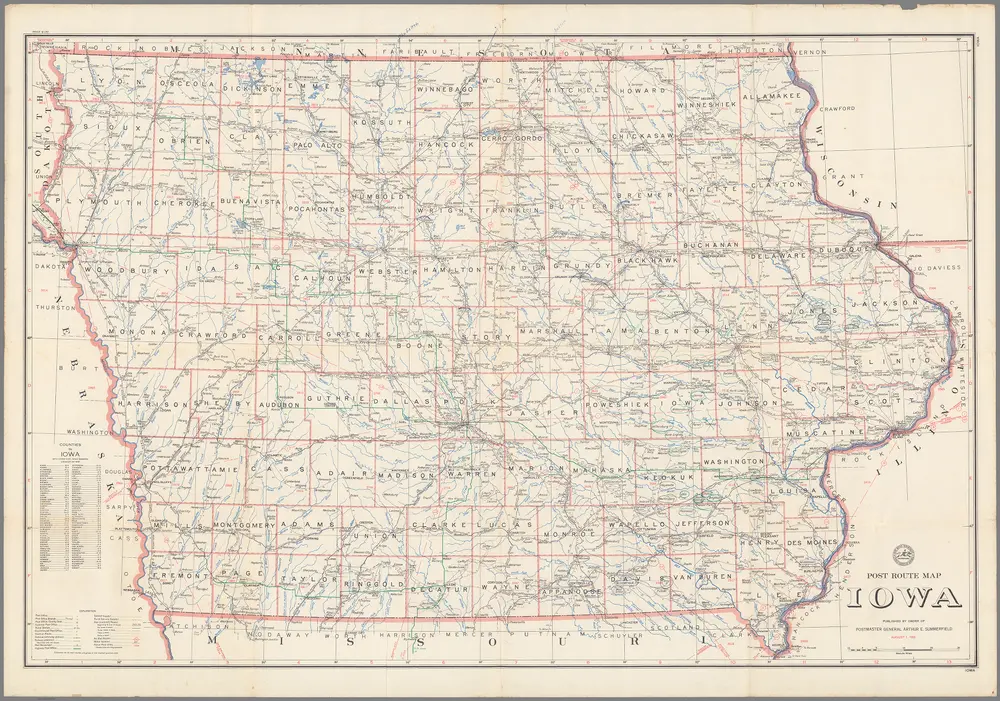 Post Route Map of the State of Iowa Showing Post Offices ... August 1, 1953.