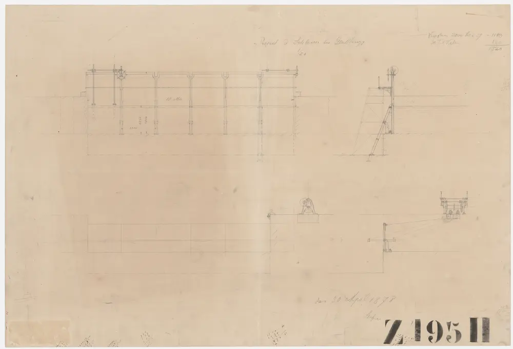 Opfikon: Mühle und Wehr bzw. Stauanlage in Glattbrugg, Schleusenwerk, Zughaken und Ketten, ab 1877/1878 ausgeführt; Ansichten