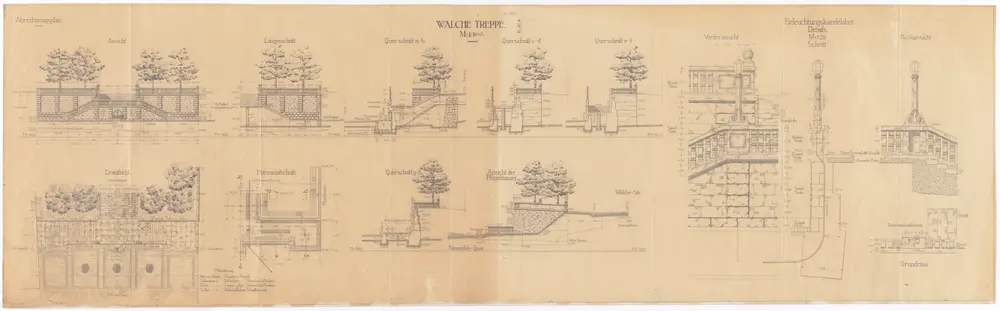 Querschnitte, Längsschnitte, Situationsplan, Details und Ansichten der Walche-Treppe als Verbindung des unteren Teils des Neumühlequais mit der Walchestrasse