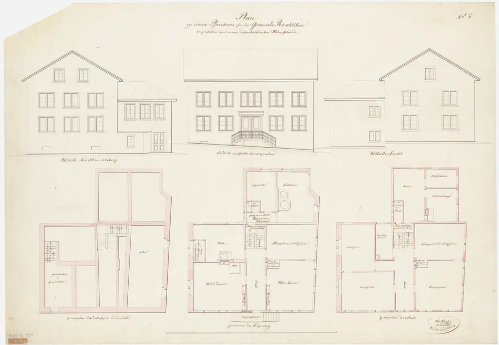 Rüschlikon: Projektiertes Pfarrhaus, Keller, Erdgeschoss und 1. Stock; Grundrisse sowie Ost-, Süd- und Westansichten (Nr.5)