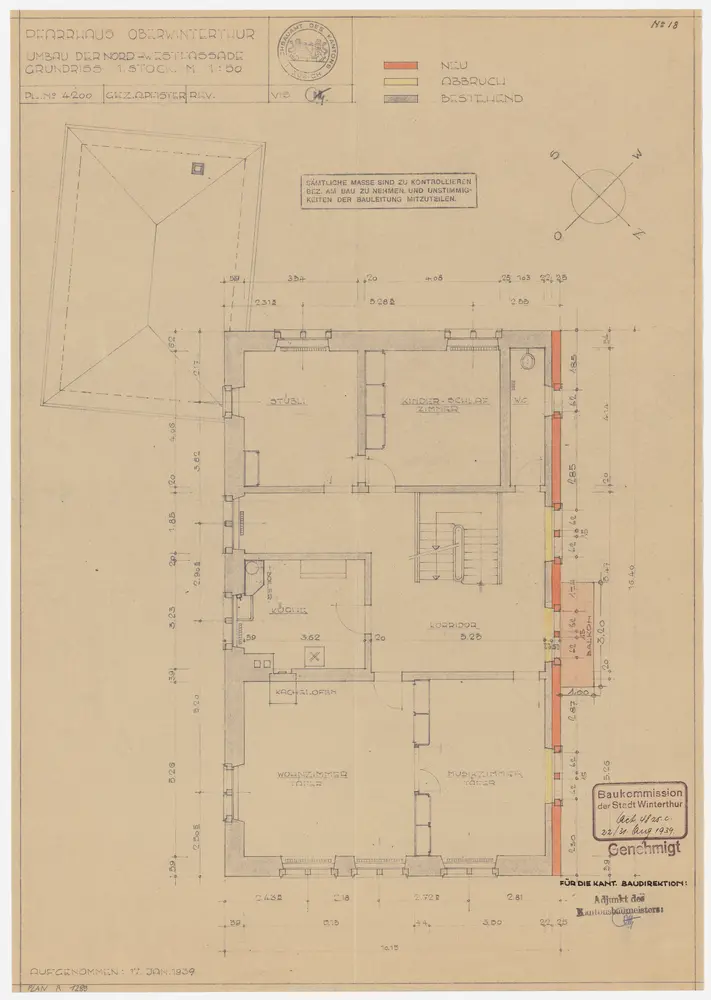 Oberwinterthur: Pfarrhaus, projektierter Umbau der Nordwestfassade, 1. Stock (Variante 2); Grundriss (Nr. 18)