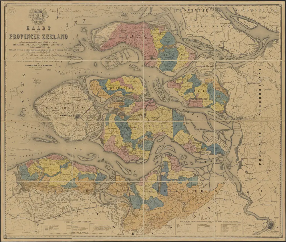 Kaart van de provincie Zeeland, in hare tegenwoordige gesteldheid met al de bedijkingen, kanalen, afwateringen, kunstwegen, telegraaflijnen enz.