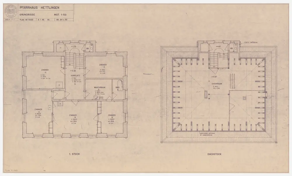 Hettlingen: Pfarrhaus, 1. Stock und Dachgeschoss; Grundrisse