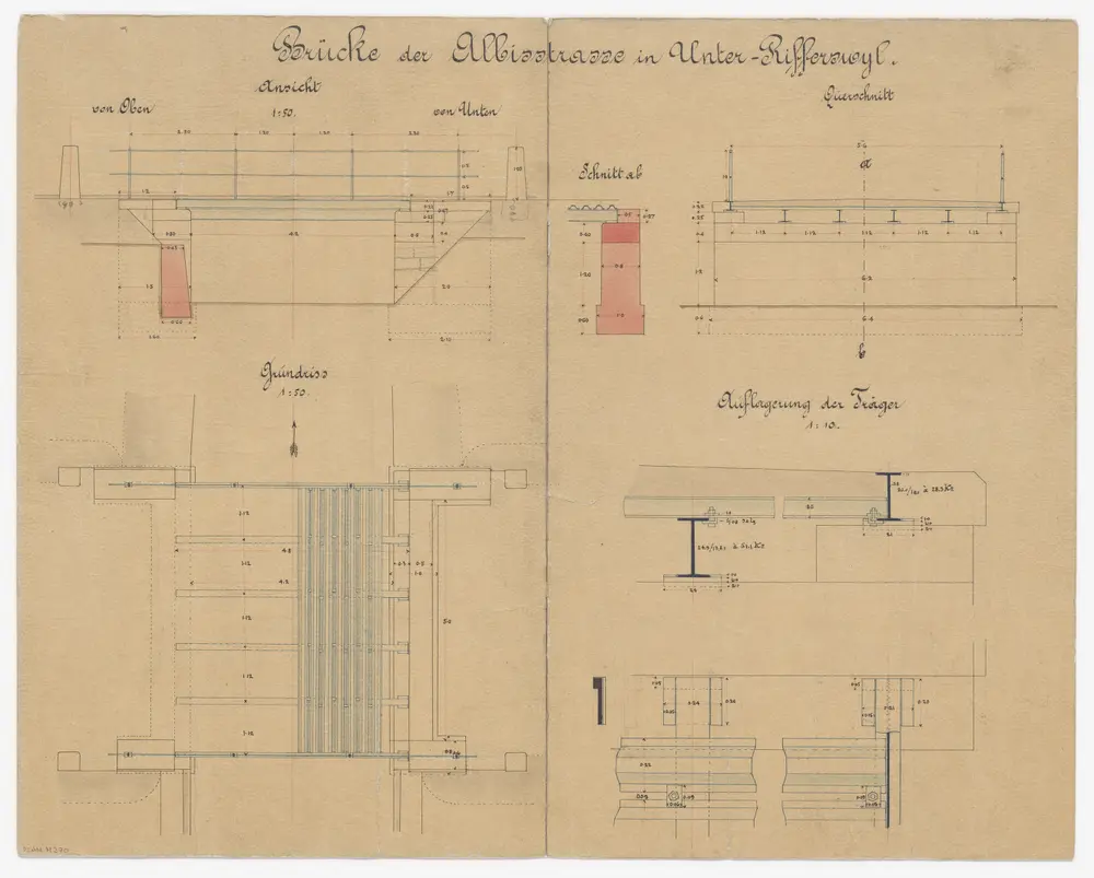 Rifferswil: Eiserne Balkenbrücke über die Jonen in Unterrifferswil; Seitenansicht, Grundriss und Schnitte