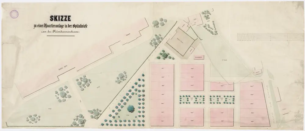 Fluntern: Kantonsspital-Areal, Quartieranlage in der Spitalwiese an der Rämistrasse; Grundriss