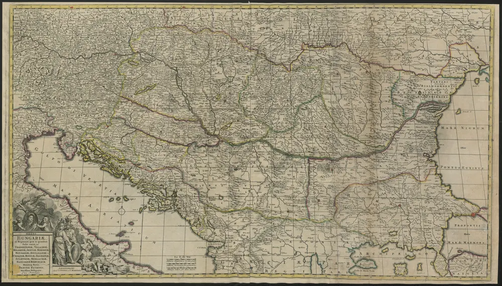 REGNI HUNGARIÆ, et Regionum, quæ ei quondam fuêre unitæ, ut TRANSILVANIÆ, VALACHIÆ, MOLDAVIÆ, SERVIÆ, ROMANIÆ, BULGARIÆ, BESSARABIÆ, CROATIÆ, BOSNIÆ, DALMATIÆ, SCLAVONIÆ, MORLACHIÆ, RAGUSANÆ REIPUBLICÆ Maximæq Partis DANUBII FLUMINIS, Novissima Delineatio. Cum Previlegio.