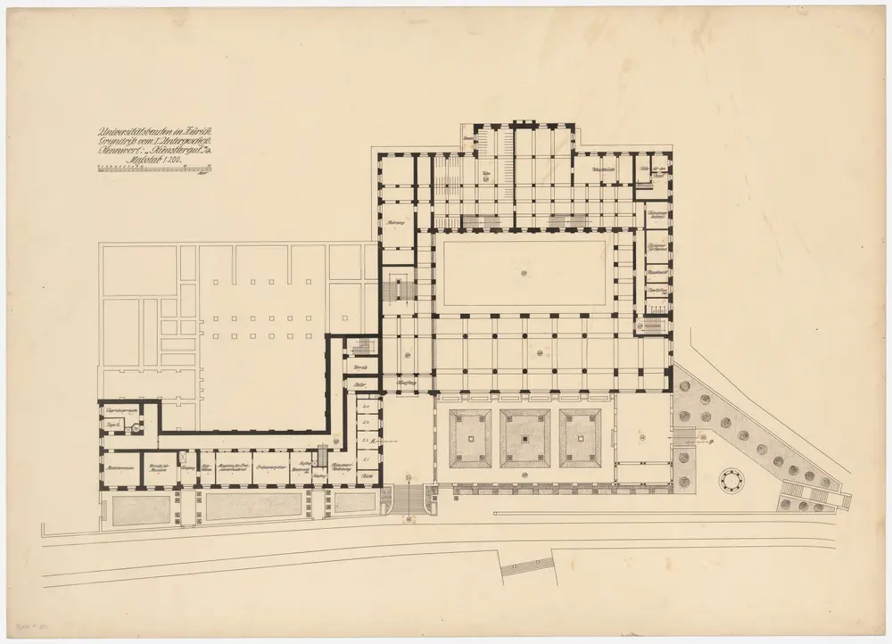 Zürich: Neubau der Universität; Projekt Künstlergut; 1. Untergeschoss; Grundriss