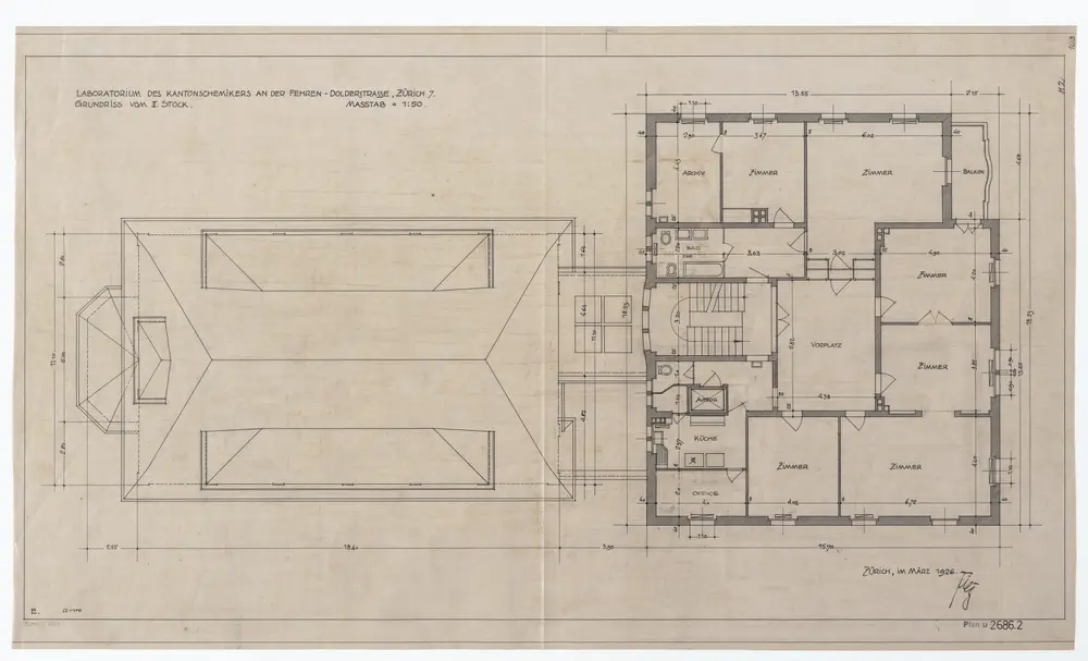 Laboratorium des Kantonschemikers, Fehrenstrasse 15: Grundrisse und Längsschnitt: 2. Stock; Grundriss