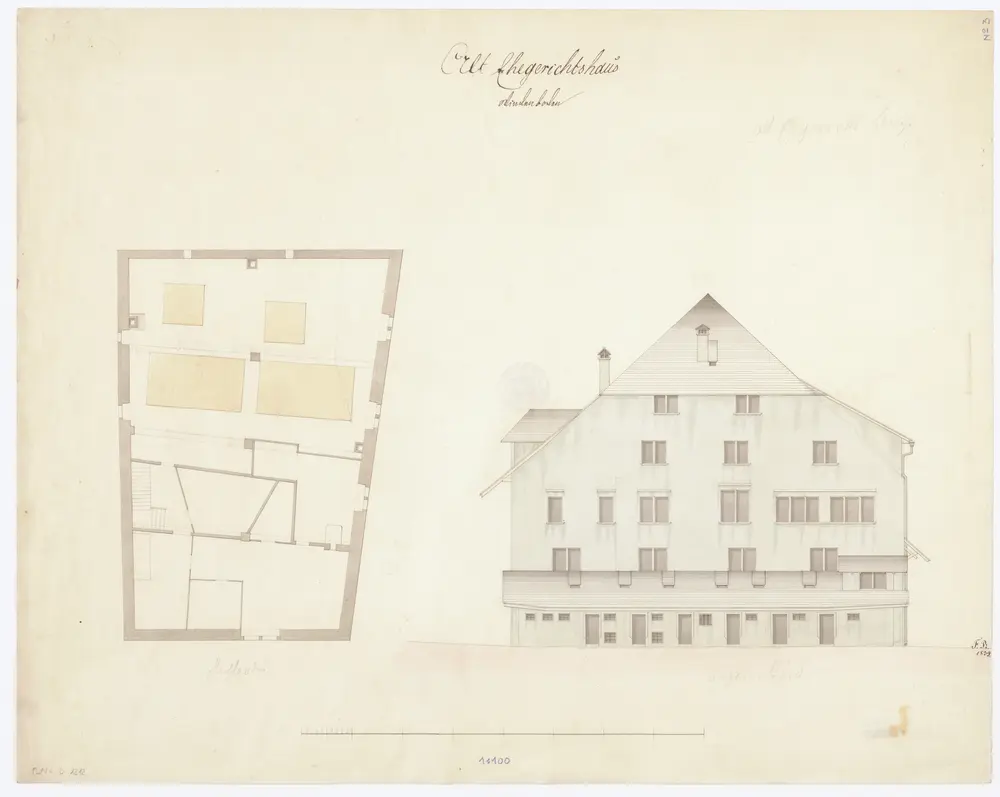 Metzghalle (altes Ehegerichtshaus): Nordansicht und Grundriss (Dachgeschoss)