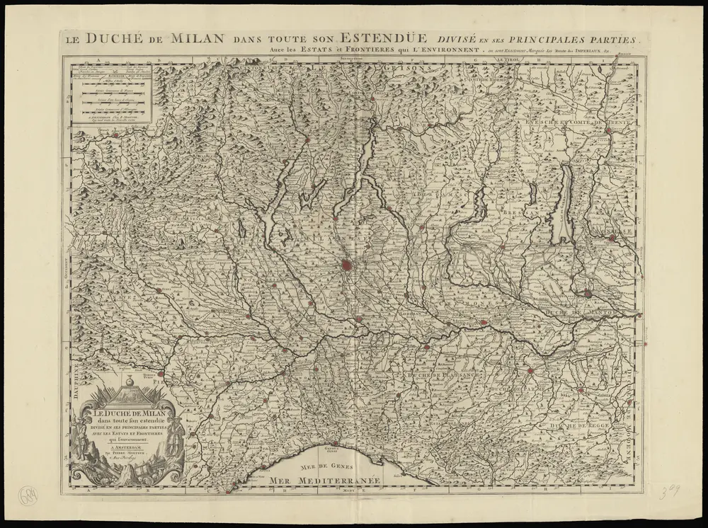 Le Duché de Milan dans toute son estendüe divisé en ses principales parties, avec les estats et frontieres qui l'environnent, où sont exactement marquée les route[s] des impériaux, &c