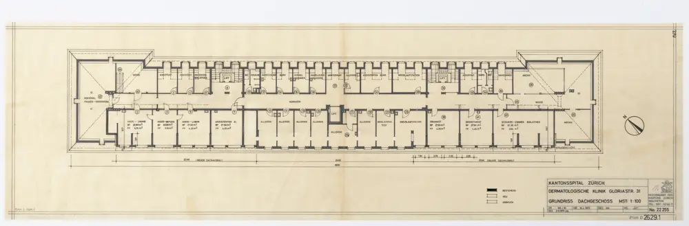 Kantonsspital Zürich (Dermatologische Klinik), Gloriastrasse 31: Dachgeschoss und Dachausbau; Grundriss und Schnitt: Dachgeschoss; Grundriss