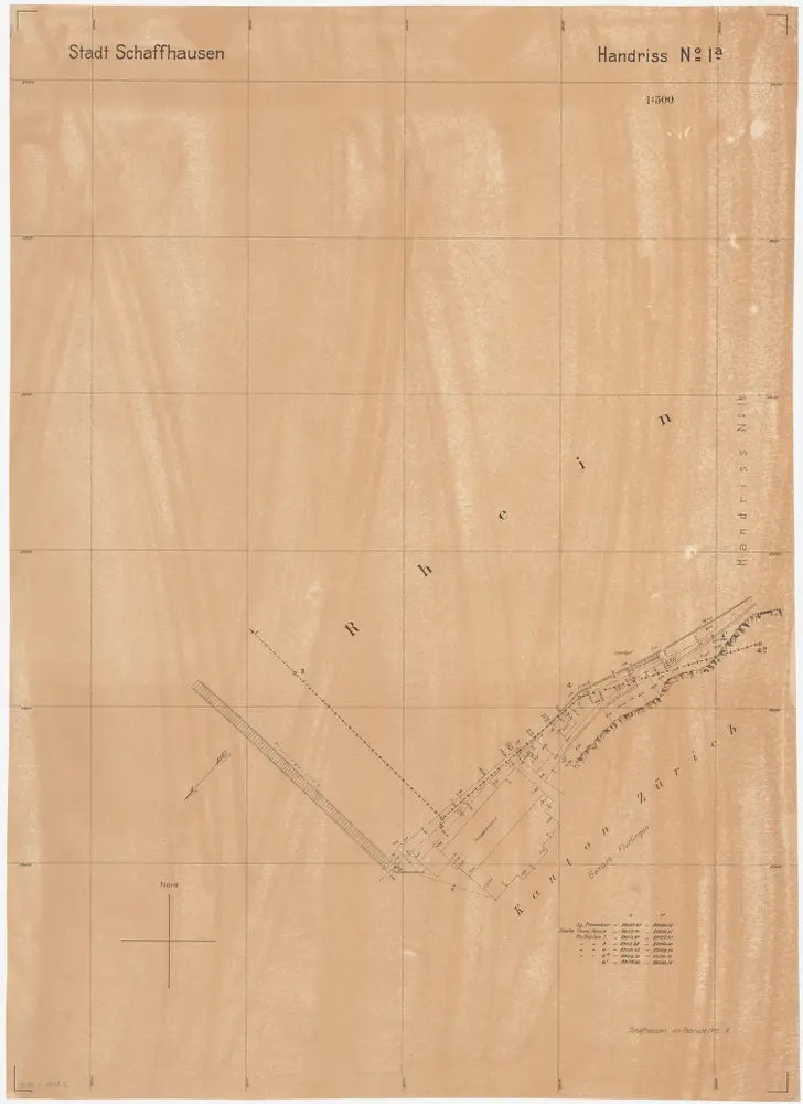 Feuerthalen bis Flurlingen: Durch den Vertrag vom 11.01.1901 zwischen den Kantonen Zürich und Schaffhausen festgelegter Grenzverlauf am linken Rheinufer bei Schaffhausen; Situationsplan-Handrisse: Rhein bei Flurlingen; Situationsplan-Handriss (Nr. 1 a)