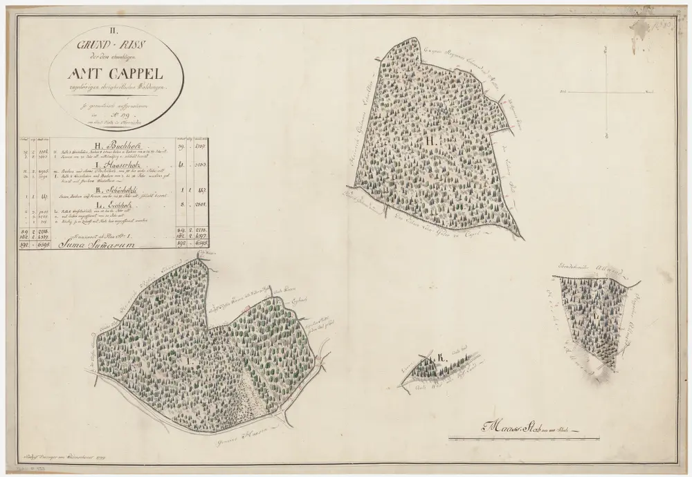 Kappel am Albis, Hausen am Albis: Dem ehemaligen Amt Kappel gehörende Waldungen H bis L (Buchholz, Huserholz, Schürhotzli und Eichholz); Grundrisse (Nr. II)