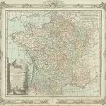 La France, Divisée en ses quarante Gouvernemens Généraux et Militaires, dans leur étendüe actuelles et par Provinces Ecclésiastiques [...] [Karte], in: Atlas Général, Civil, Ecclésiastique et Militaire Méthodique Et Élémentaire Pour L'Étude De La Géographie Et De L'Histoire, S. 82.