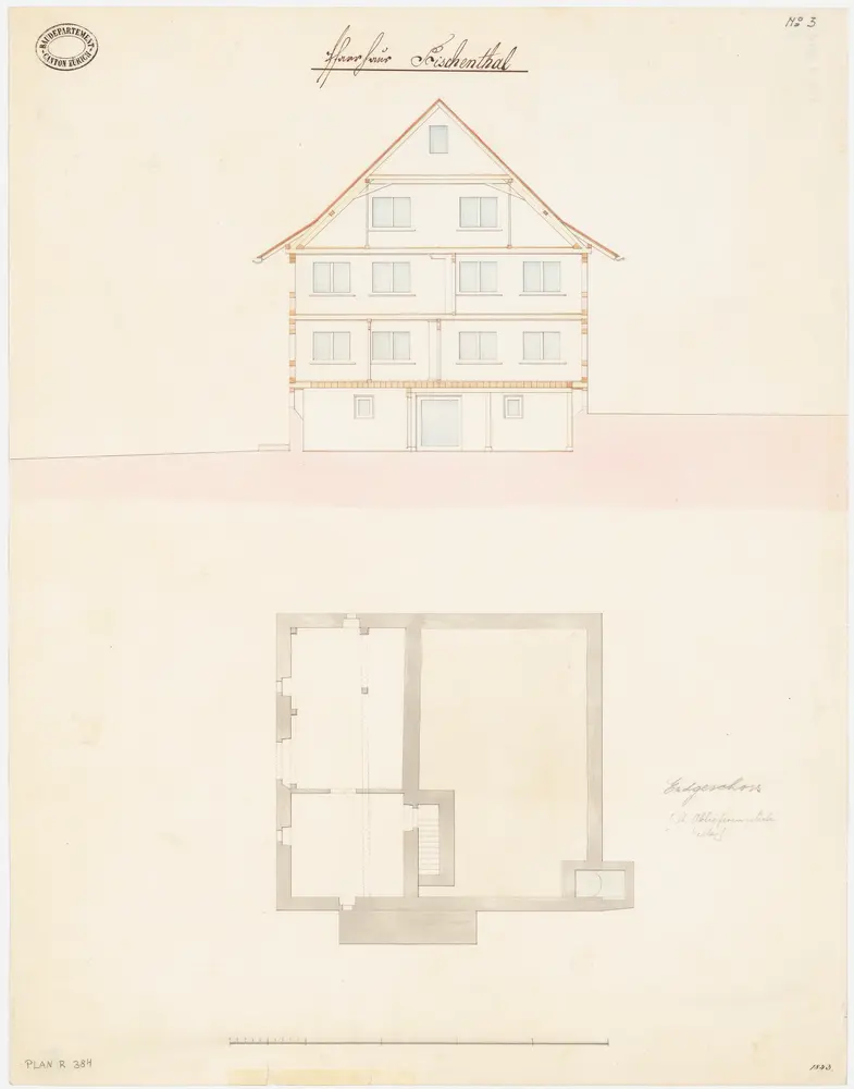 Fischenthal: Pfarrhaus; Ansicht und Grundriss des Kellers (Nr. 3)