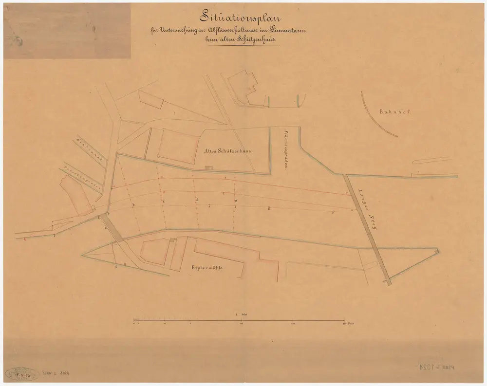 Zürich: Beim alten Schützenhaus, Fröschengraben, Sihlkanal, Schanzengraben und Limmat, Untersuchung der Abflussverhältnisse; Situationsplan (Zürichsee-Abfluss Nr. 62)