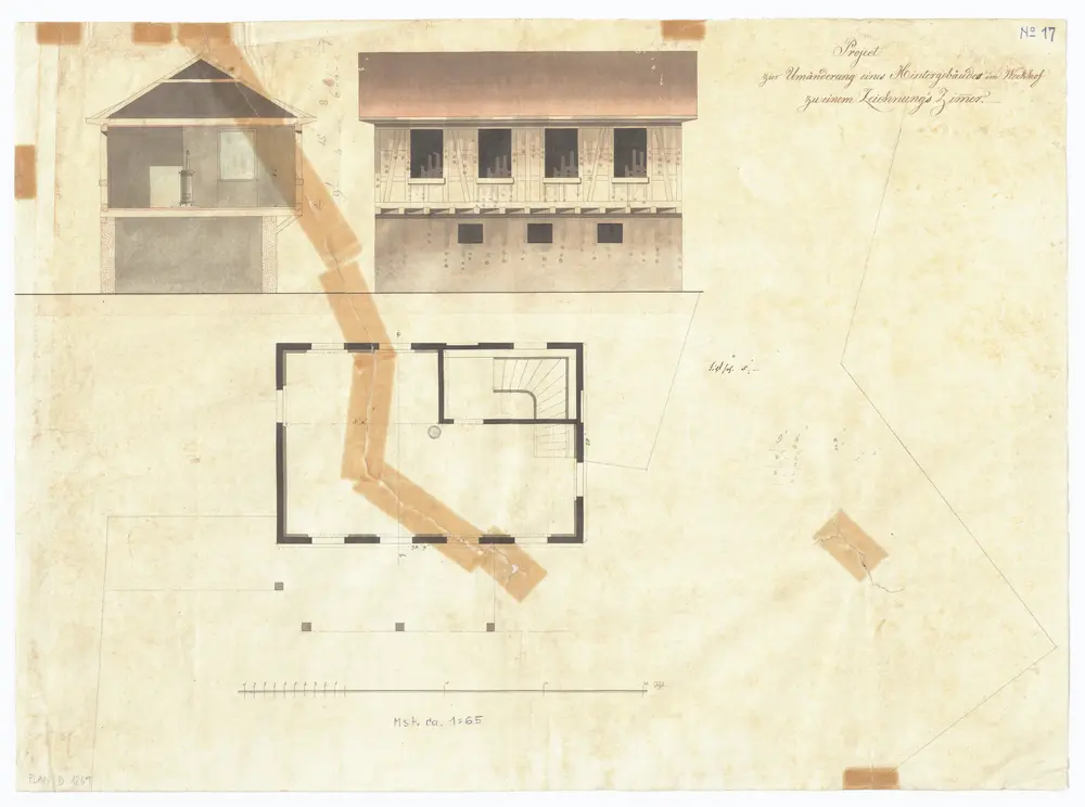 Werkhof: Projektierte Umänderung eines Hintergebäudes zu einem Zeichnungszimmer; Ansicht, Grundriss und Schnitt (Nr. 17)